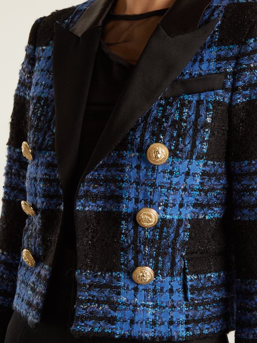 Tweed-checked satin-lapel cropped jacket | Balmain | MATCHESFASHION.COM US