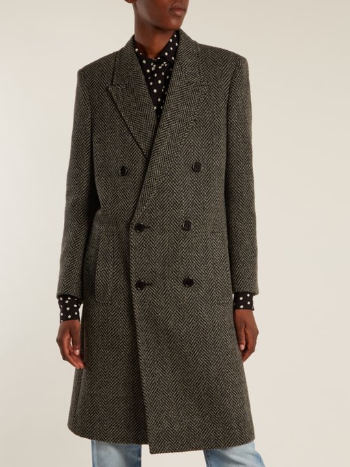 Peak-lapel wool-blend herringbone coat | Saint Laurent | MATCHESFASHION UK
