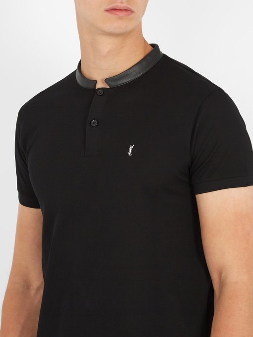 SAINT LAURENT Short Sleeve Band Collar Polo In Black Piqué Cotton And ...