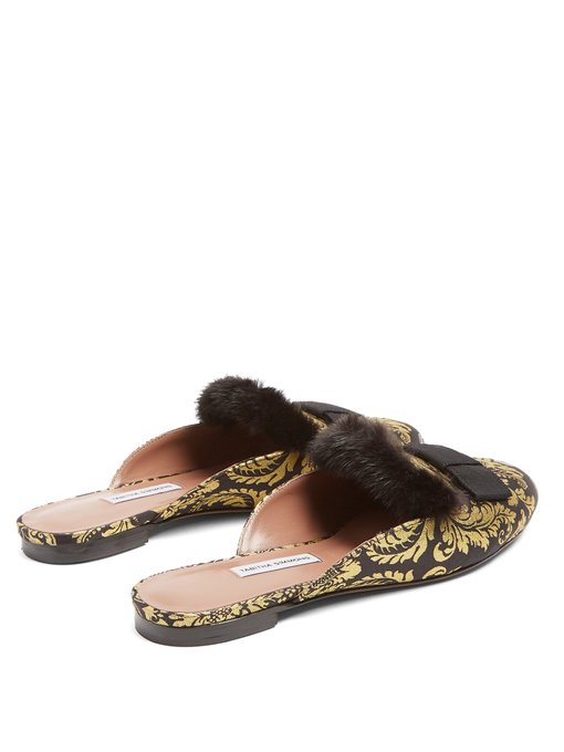 Masha mink-trimmed brocade slipper shoes展示图
