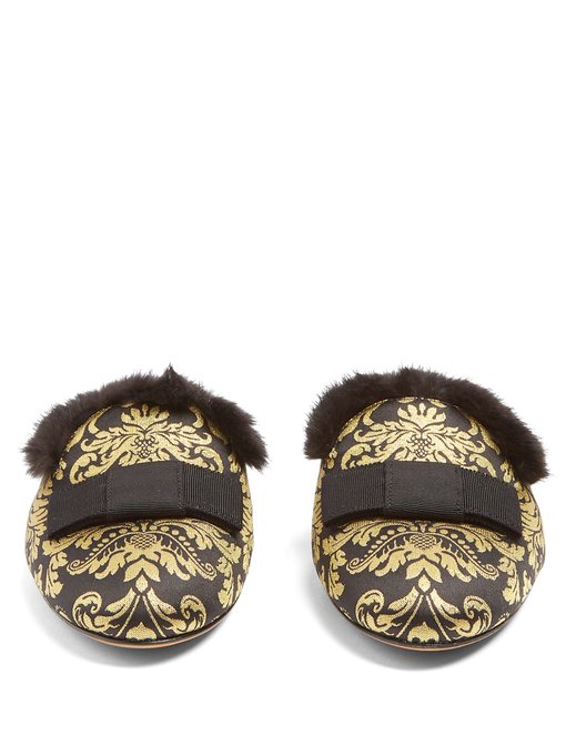 Masha mink-trimmed brocade slipper shoes展示图