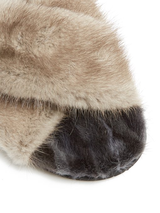 Crossover strap mink-fur slides 