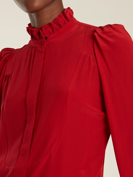 red ruffle neck blouse