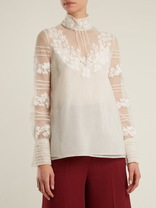 High neck floral-embroidered tulle top展示图