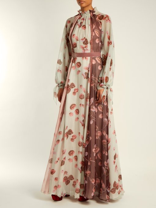 Floral-print ruffled-neck panelled silk gown展示图
