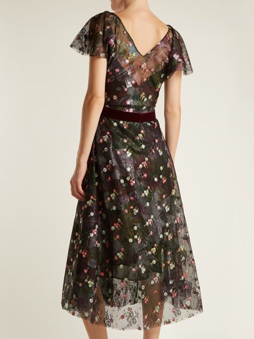 Floral-embroidered abstract-print tulle dress展示图