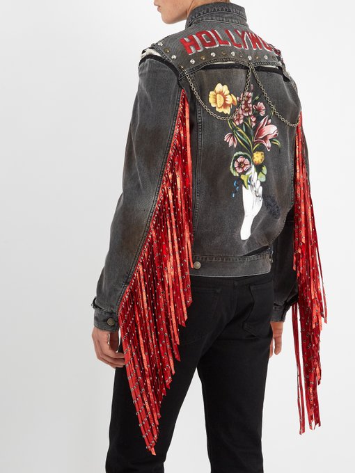 Fringed floral-embroidered denim jacket 