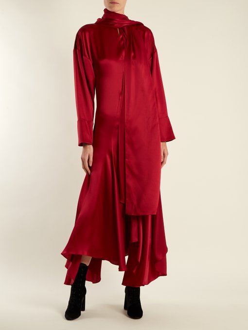 ROKSANDA Alida Tie-Neck Crinkle Silk-Satin Dress in Colour: Ruby-Red ...