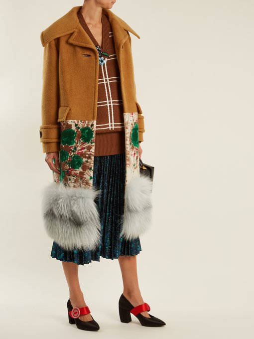 Fur-hem contrast-panel cashmere coat | Prada | MATCHESFASHION UK