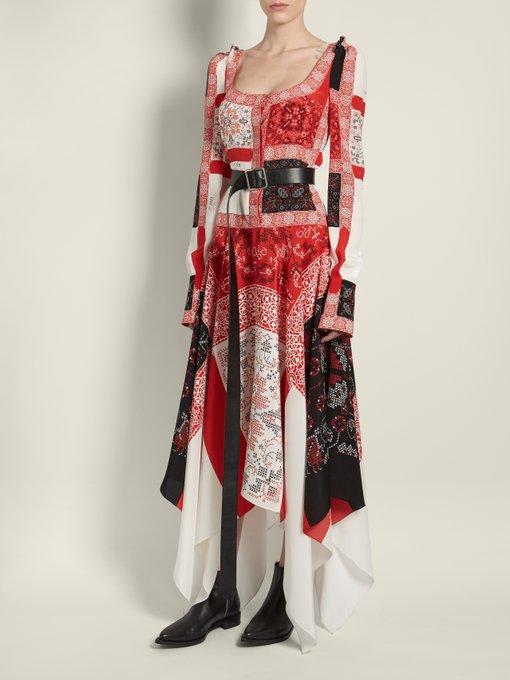 Scoop-neck cross-stitch print crepe de Chine dress | Alexander McQueen ...