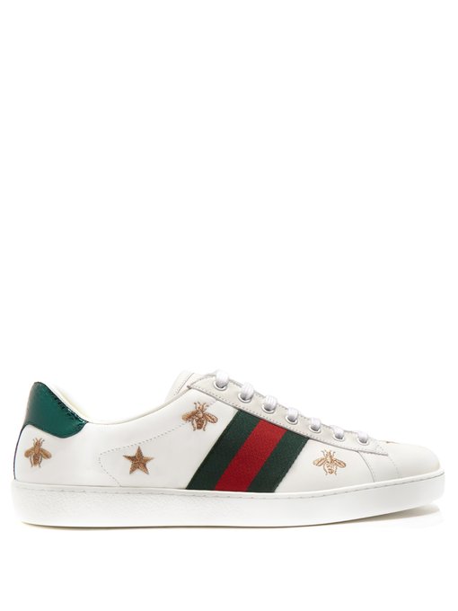 GUCCI Bee And Star-Embroidered Low-Top Leather Trainers in White | ModeSens