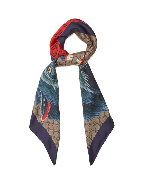 Wolf-print GG Supreme silk-twill scarf 