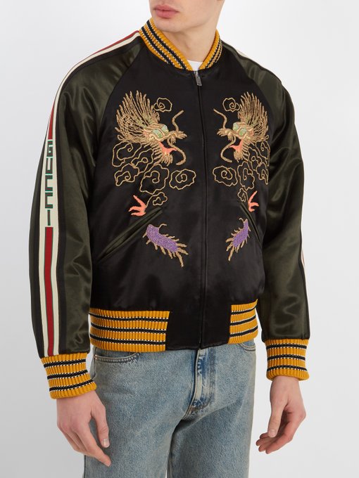Gucci Dragon-Embroidered Satin Bomber Jacket In Black | ModeSens