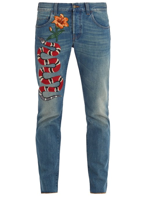 Shop Gucci - Snake Flower Embroidered Tapered Leg Jeans - Mens -