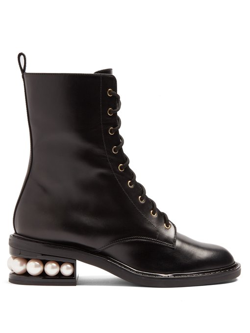 black boots with pearls on heel