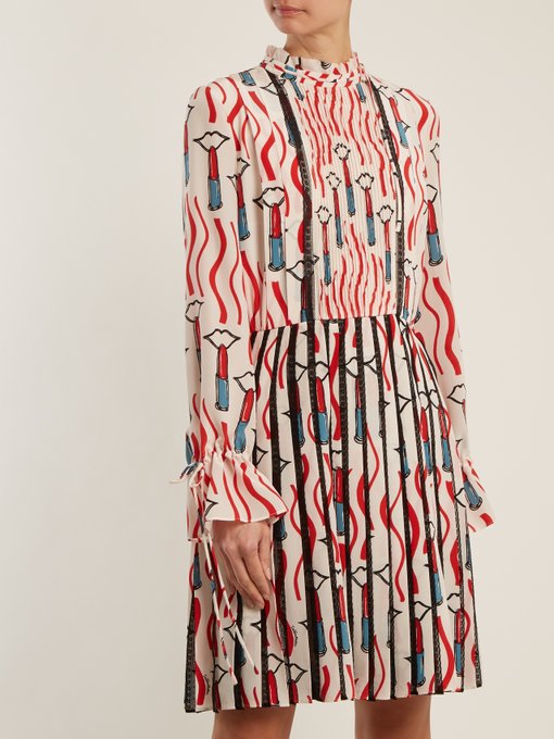 Lipstick-print lace-trimmed silk dress展示图