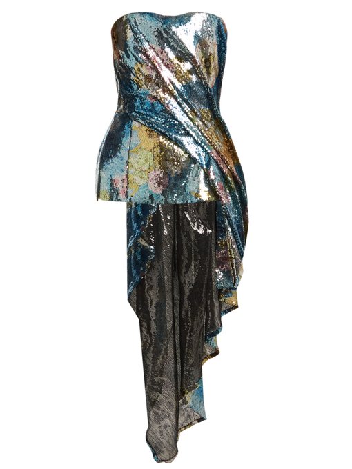 Sequin-embellished asymmetric-draped bustier top | Halpern ...
