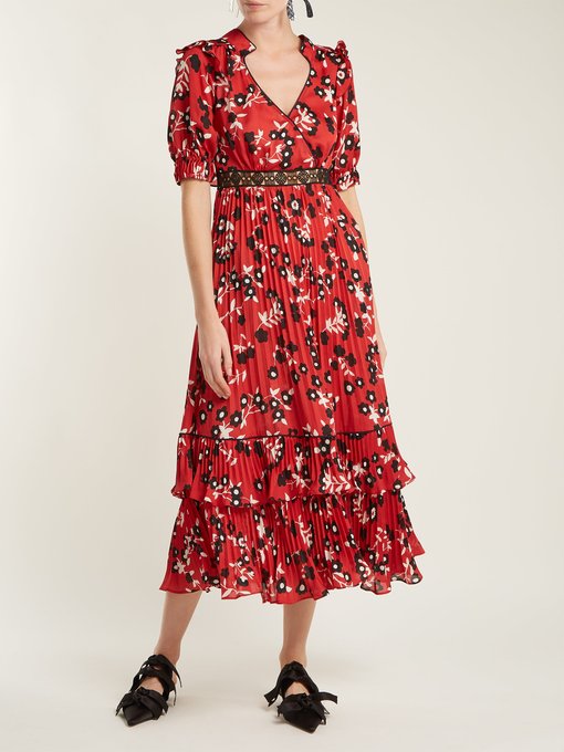 Floral-print pleated crepe de Chine dress | Self-Portrait ...