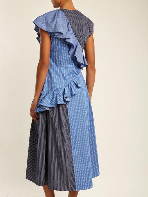 Striped ruffle-trimmed cotton midi dress展示图