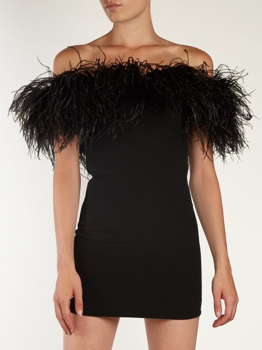 Off-the-shoulder Ostrich feather-trimmed dress | Saint Laurent ...