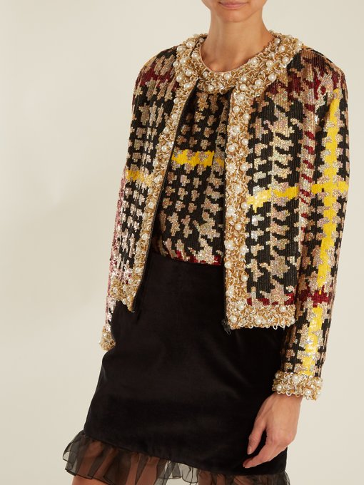 Collarless hound's-tooth sequin-embellished jacket展示图