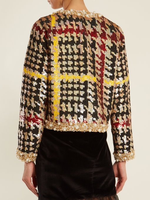 Collarless hound's-tooth sequin-embellished jacket展示图