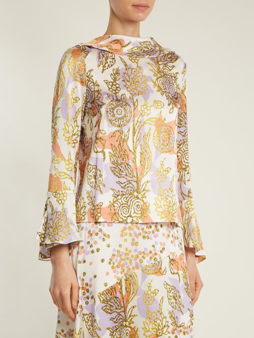 Roll-neck floral-print silk blouse展示图