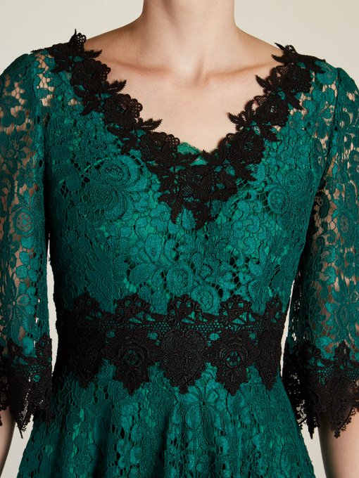 Teal-green V-neck lace midi dress展示图