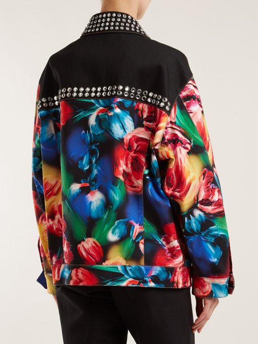 Flower-print embellished stretch-denim jacket展示图
