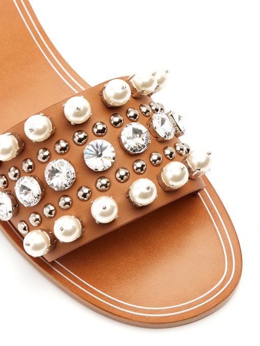 Crystal and faux-pearl embellished leather slides展示图