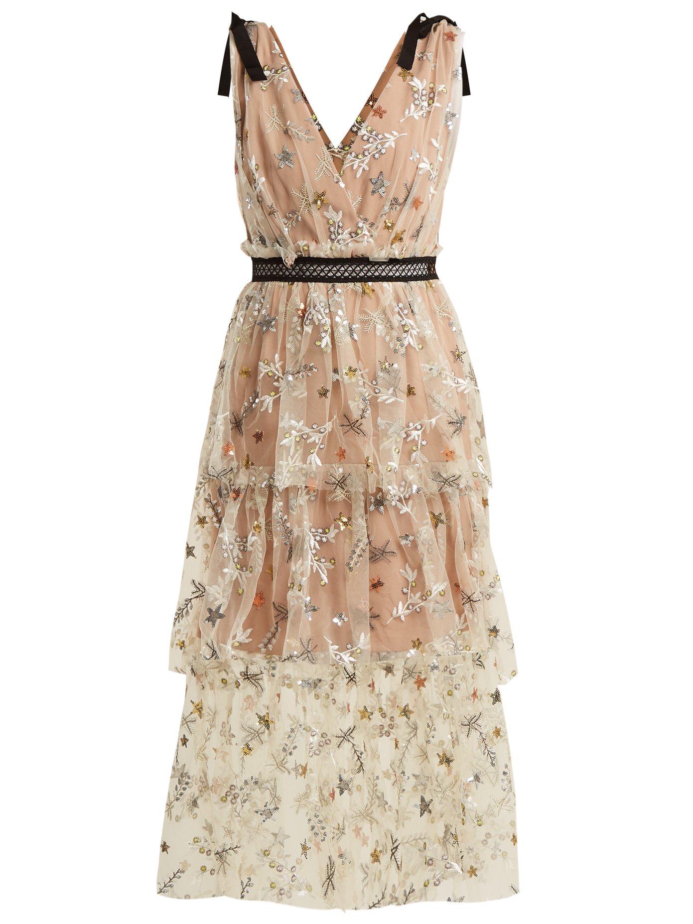 self portrait tiered floral embroidered mesh midi dress