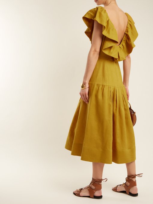 Goldie dropped-waist ruffled-neck linen dress展示图