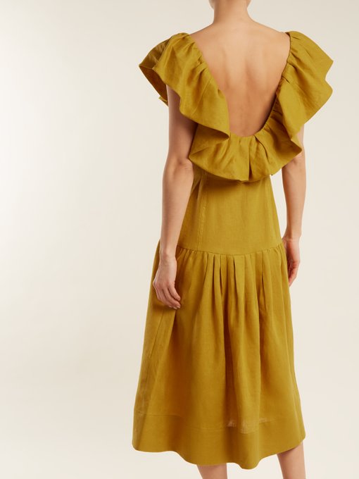 Goldie dropped-waist ruffled-neck linen dress展示图