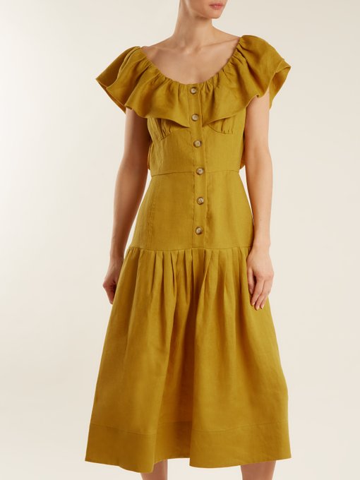 Goldie dropped-waist ruffled-neck linen dress展示图