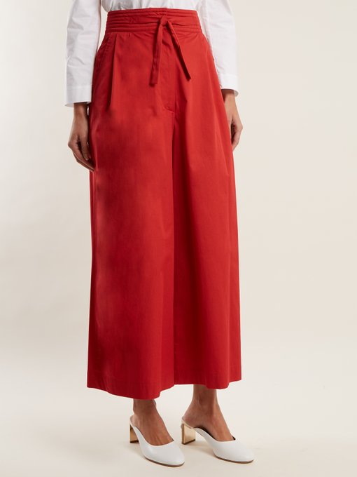 Tie-waist wide-leg cotton cropped trousers展示图