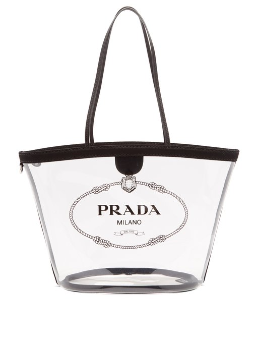 Prada Logo-print Clear Pvc Tote In Black | ModeSens