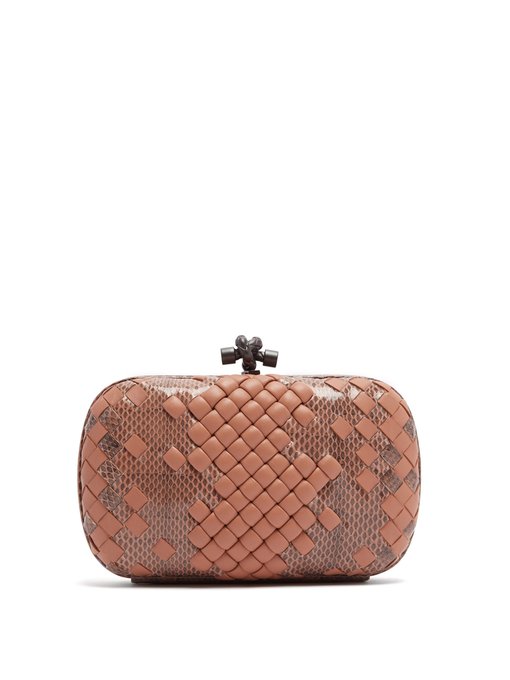 Bottega Veneta - Rose Satin Intrecciato & Snakeskin Knot Clutch