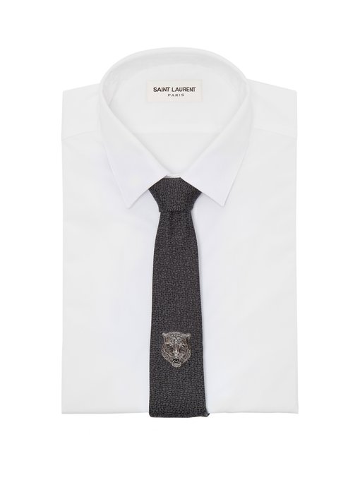 Tiger-embroidered silk-blend tie 