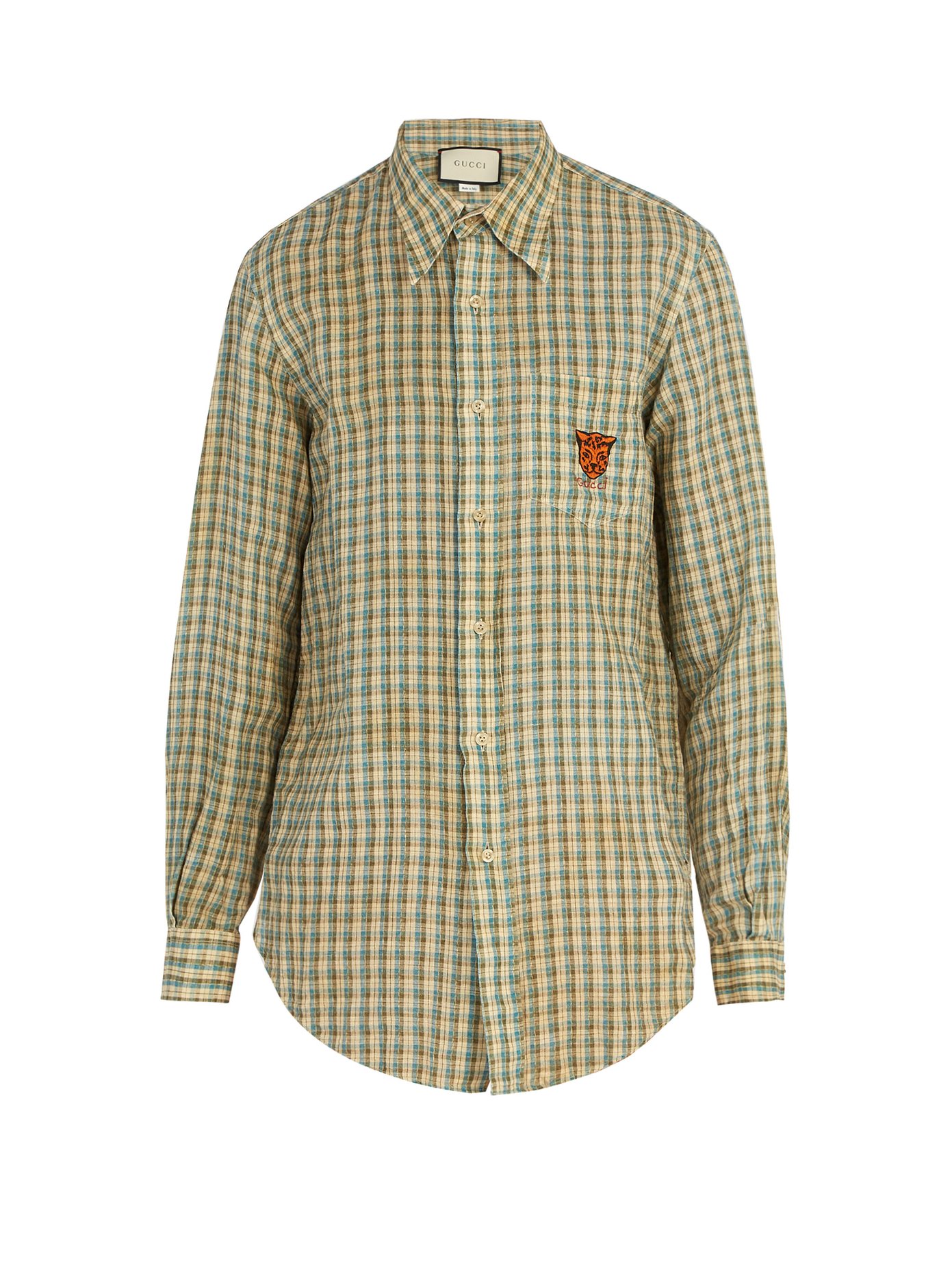 Embroidered checked linen shirt | Gucci 