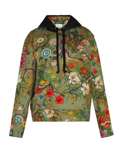 Floral Snake-print cotton-jersey hooded sweatshirt | Gucci ...