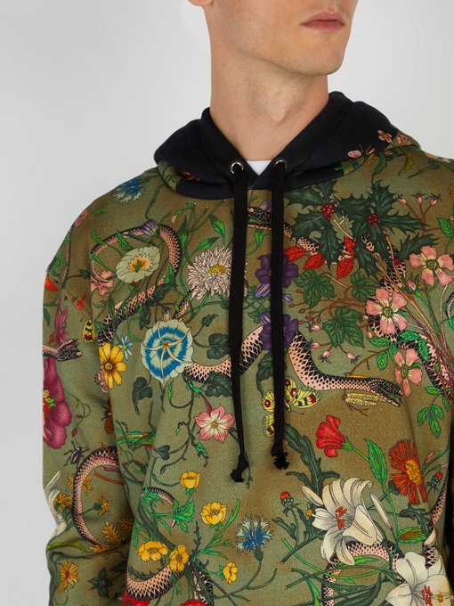 Floral Snake-print cotton-jersey hooded 
