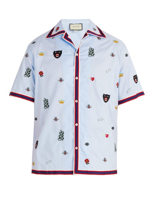 Gucci Embroidered Cotton Bowling Shirt In Blue | ModeSens