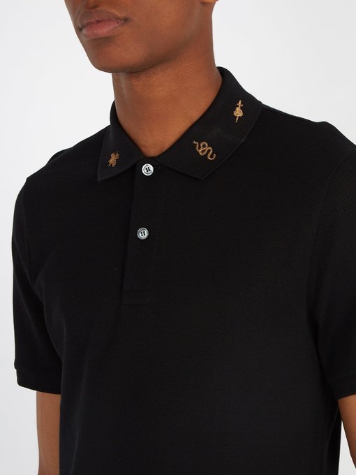 Gucci Men'S Emblems Embroidered-Collar Polo Shirt, Black/Gold | ModeSens