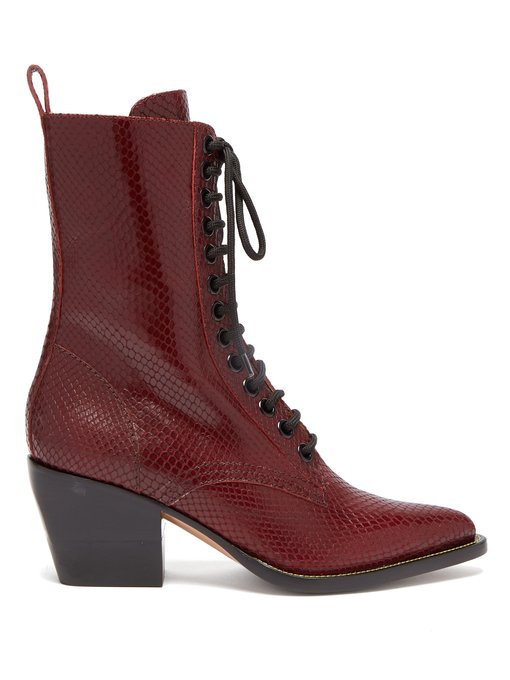Snakeskin-effect lace-up leather boots 
