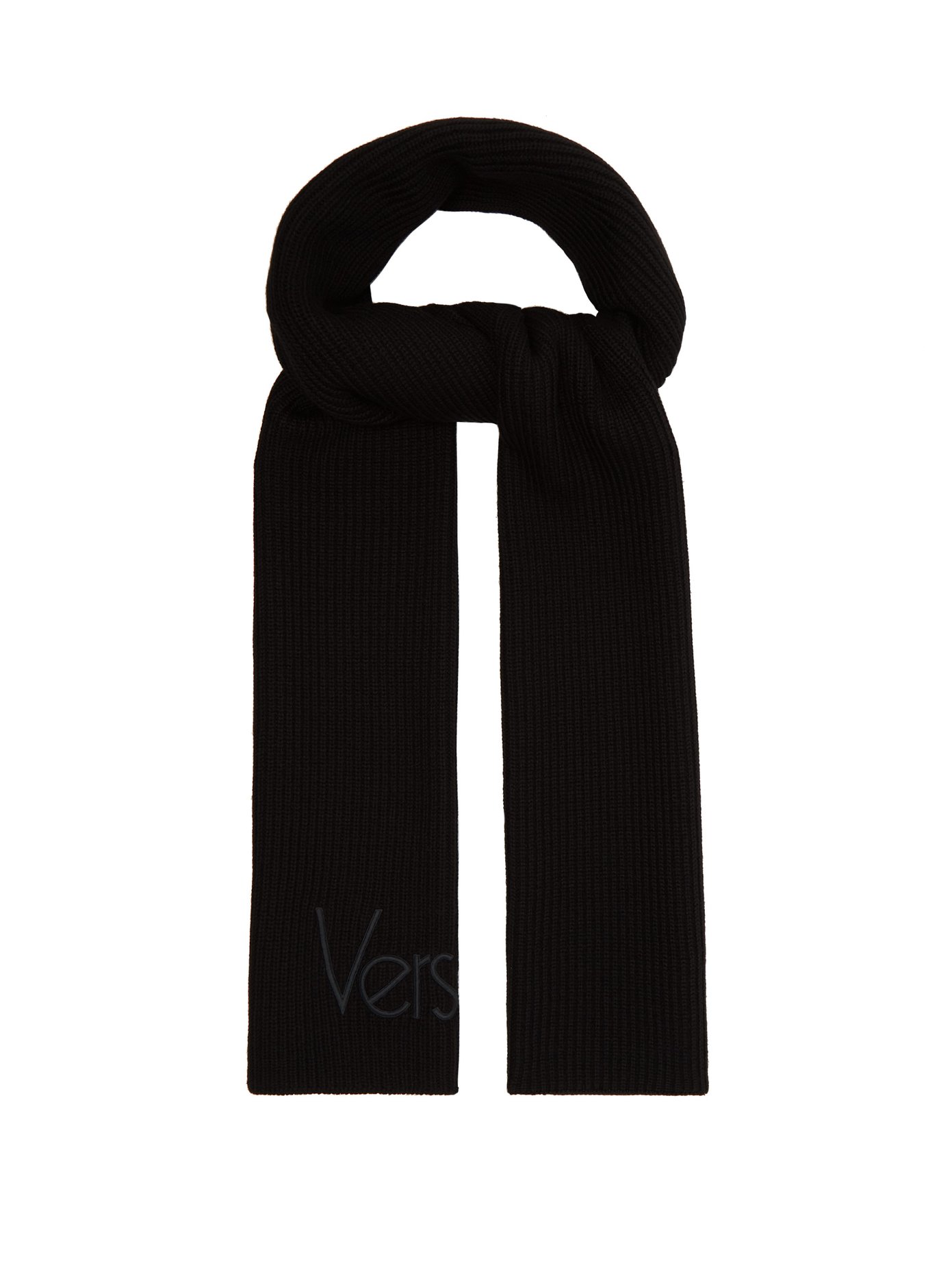 Logo-embroidered ribbed-knit wool scarf 