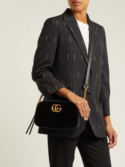 Gucci Gg Marmont Small Leather-Trimmed Quilted Velvet Shoulder Bag In Black | ModeSens