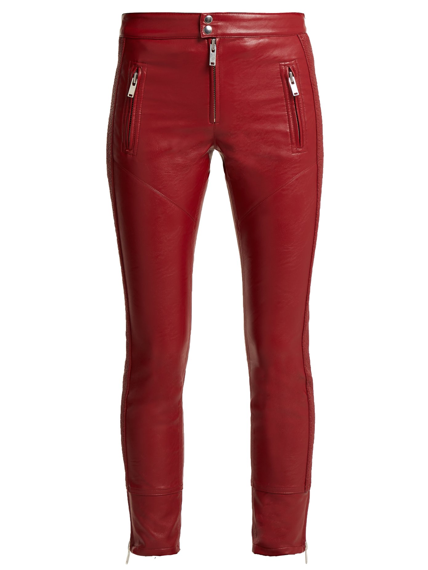 red faux leather trousers
