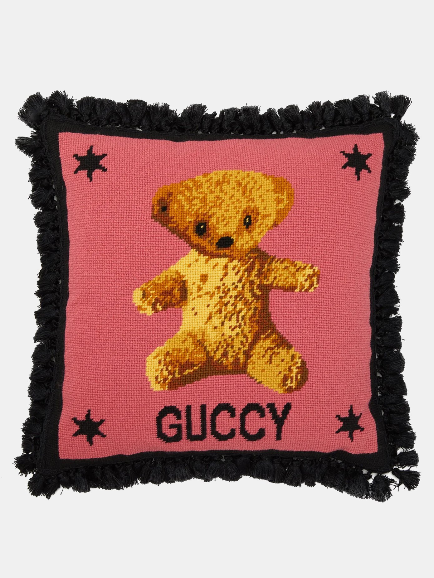 Teddy bear-embroidered wool cushion 