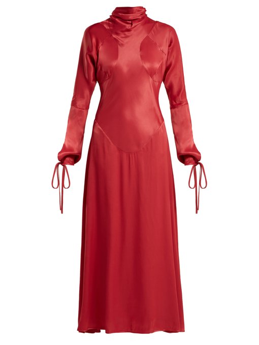 red long sleeve satin dress