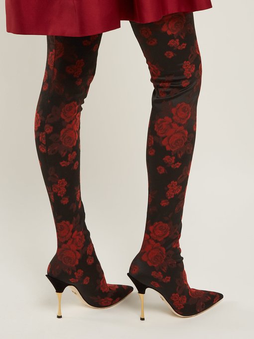 Rose-jacquard over-the-knee boots 
